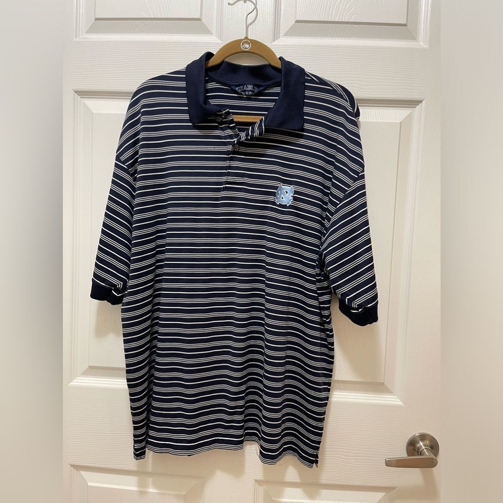 Mens Polo Shirt NC State Logo Embroidered Size L/XL Stretch Stripes Blue White
